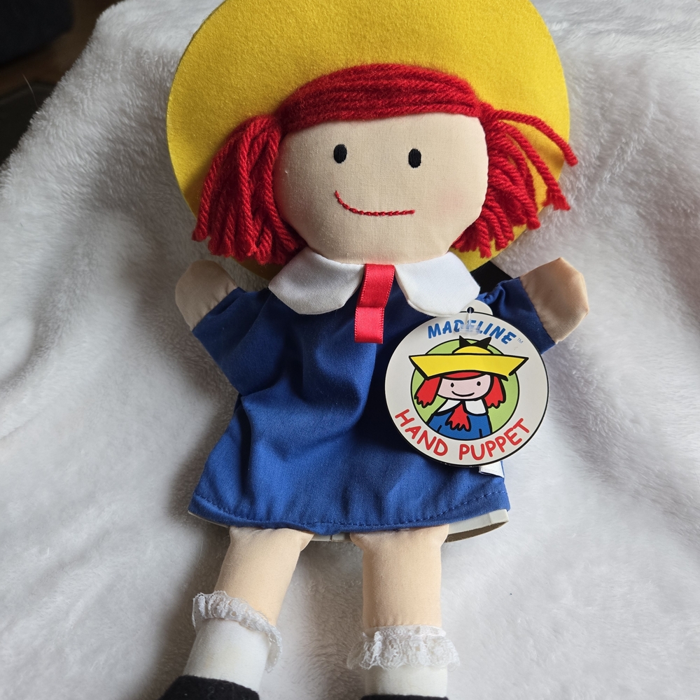 NWT Vintage Madeline Hand Puppet Plush Doll-Blue Dress, Yellow Hat,Red Hair, 12"
